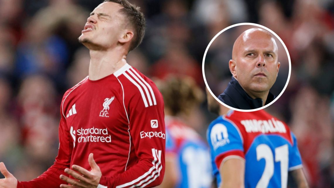 Florian Wirtz looks to the sky in frustration during Liverpool's UEFA Champions League match against Atletico Madrid at Anfield. Arne Slot pictured...