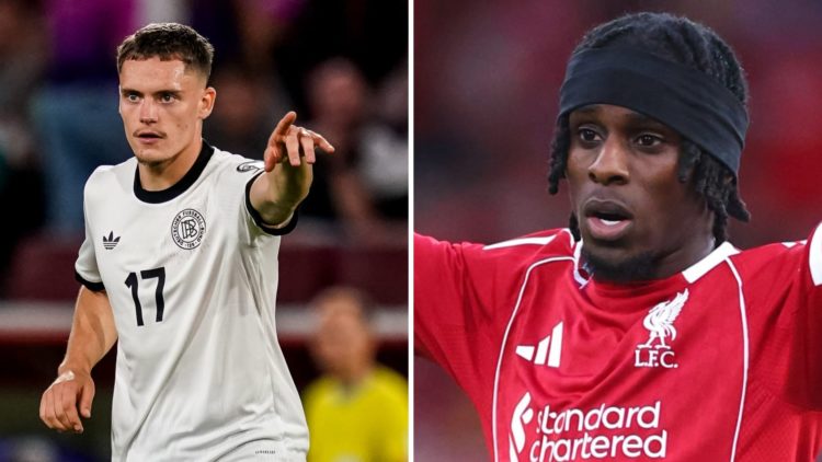 Left: Florian Wirtz pictured playing for Germany. Right: Jeremie Frimpong with his arms up in the air while playing for Liverpool.