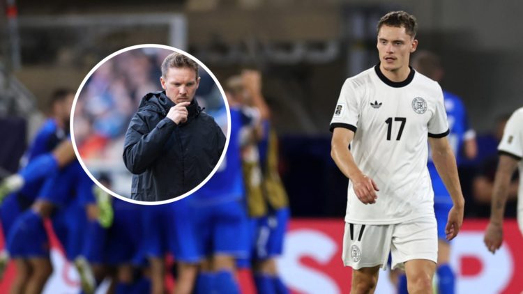 Florian Wirtz reacts after Germany concede a second goal against Slovakia in a FIFA World Cup qualifier in Bratislava. Julian Nagelsmann pictured d...