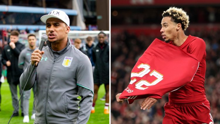Gabriel Agbonlahor (left) speaks to Aston Villa fans after Derby County game, Hugo Ekitike (right) looks at the referee as he receives a second yel...