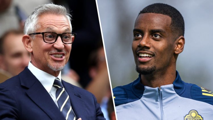 Left: Gary Lineker pictured in the stands with a smile on his face. Right: Alexander Isak pictured training with the Sweden national team.