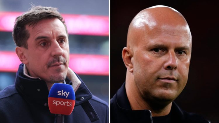 Gary Neville (left) speaks during a Sky Sports broadcast, Arne Slot (right) looks on during a game