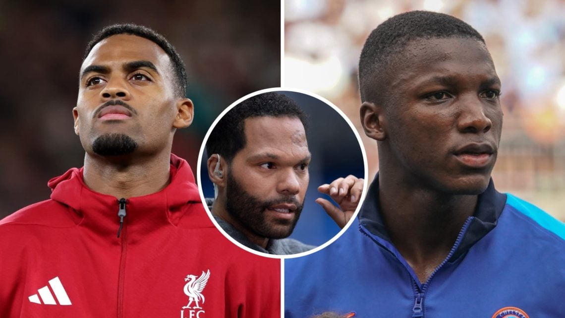 Ryan Gravenberch (left) lines-up for Liverpool, Joleon Lescott (middle) looks on during BT Sport broadcast, Moises Caicedo (right) lines-up for Che...