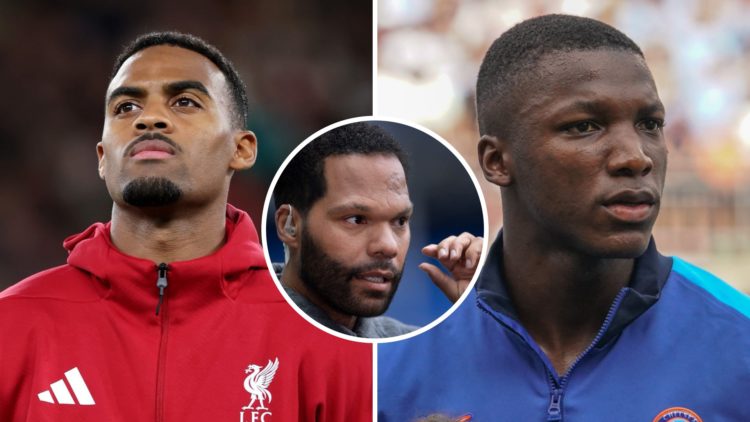 Ryan Gravenberch (left) lines-up for Liverpool, Joleon Lescott (middle) looks on during BT Sport broadcast, Moises Caicedo (right) lines-up for Che...