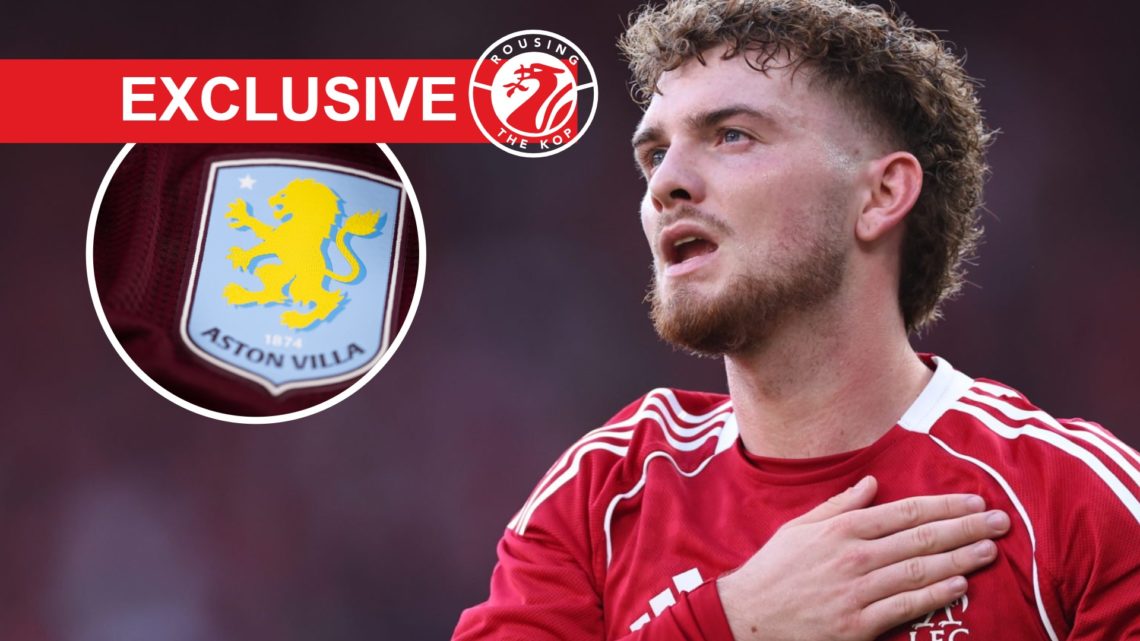 Harvey Elliott celebrates after scoring for Liverpool in their pre-season friendly against Athletic Bilbao. Close-up of Aston Villa badge on the 20...