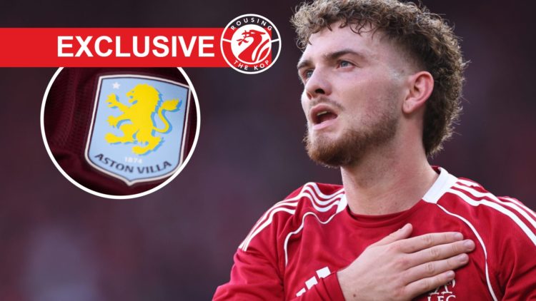 Harvey Elliott celebrates after scoring for Liverpool in their pre-season friendly against Athletic Bilbao. Close-up of Aston Villa badge on the 20...