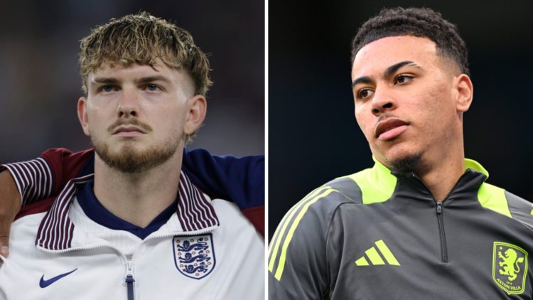 Harvey Elliott lines up for England ahead of the European Under 21 Championship final against Germany. Aston Villa's Morgan Rogers warms up before ...