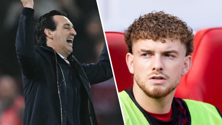 Left: Unai Emery throwing his arms up into the air on the Aston Villa touchline. Right: Harvey Elliott on the Liverpool bench before their game aga...