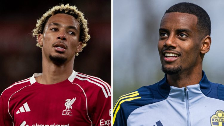 Left: Hugo Ekitike pictured playing for Liverpool. Right: Alexander Isak pictured during a training session with the Sweden national team.