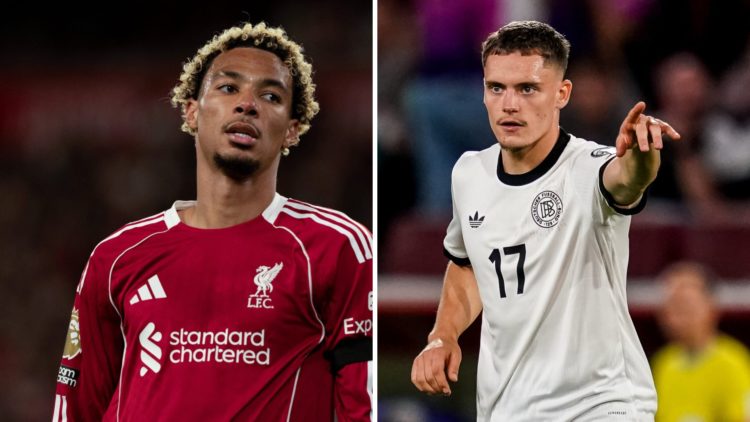 Hugo Ekitike (left) looks on during a Liverpool game, Florian Wirtz (right) points during Germany game
