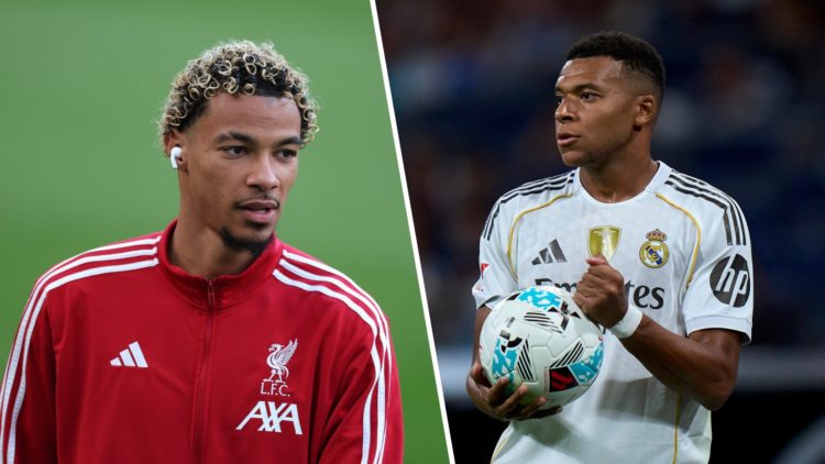 Left: Hugo Ekitike pictured warming up for Liverpool. Right: Kylian Mbappe caught in action for Real Madrid.