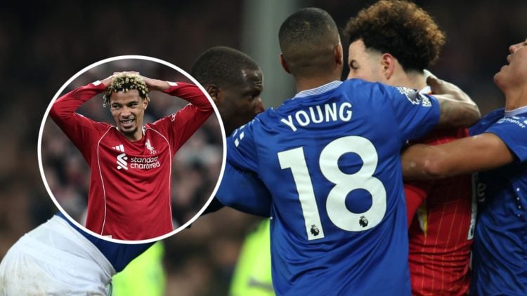 Liverpool's Curtis Jones fights with Everton players after the final whistle in the final Merseyside Derby at Goodison Park. Hugo Ekitike stands wi...