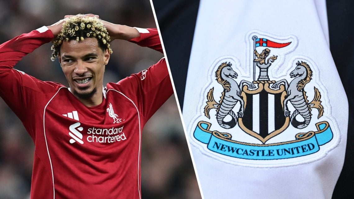 Hugo Ekitike puts his hands on his head during Liverpool's UEFA Champions League match against Atletico Madrid at Anfield. Newcastle United badge c...