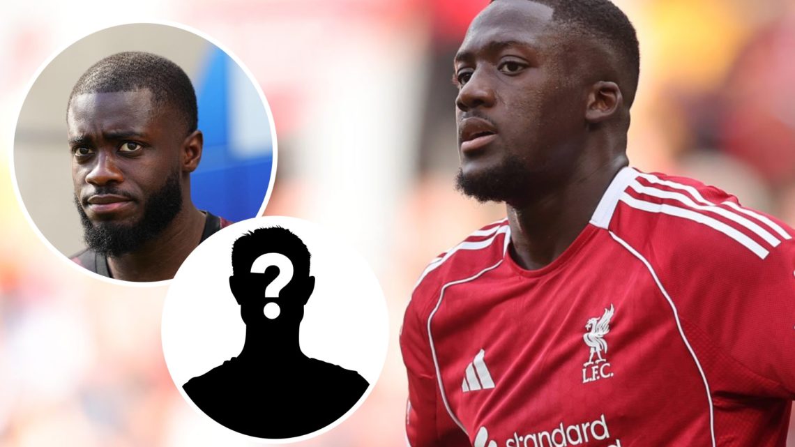 Main: Ibrahima Konate pictured playing for Liverpool. Insert 1: Dayot Upamecano pictured before a Bayern Munich game. Insert 2: Mystery player
