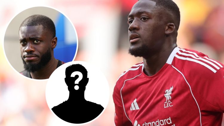 Main: Ibrahima Konate pictured playing for Liverpool. Insert 1: Dayot Upamecano pictured before a Bayern Munich game. Insert 2: Mystery player