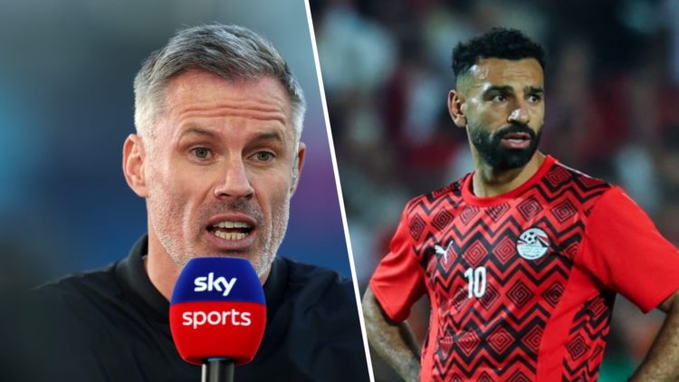Jamie Carragher speaks on Sky Sports broadcast. Mohamed Salah of Egypt stands before the FIFA World Cup African qualifiers Match Group A between Eg...
