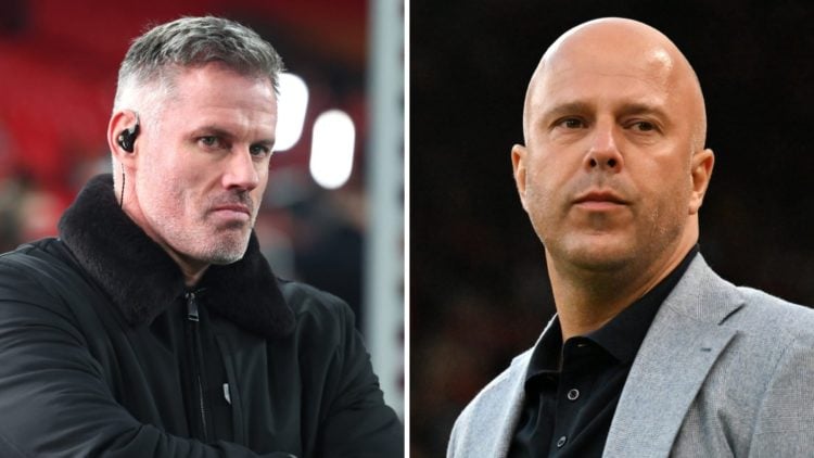 Jamie Carragher looks on at the end of the Carabao Cup Final between Liverpool and Newcastle United at Wembley Stadium (Left) Arne Slot, Manager of...