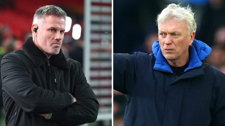 Left: Jamie Carragher with his arms crossed over while presenting a Champions League game. Right: David Moyes pictured on the Everton touchline.