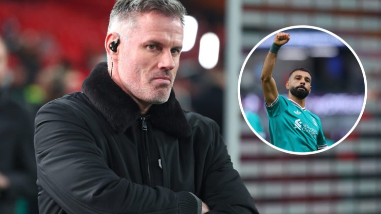 Jamie Carragher (left) crosses his arms during Sky broadcast, Mohamed Salah (right) celebrates after netting late penalty against Burnley