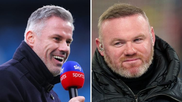 Jamie Carragher (left) smiles during broadcast, Wayne Rooney (right) looks on during broadcast