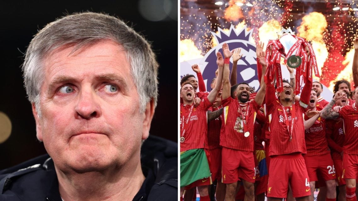 Jan Molby (left) reacts after Liverpool FC v Paris Saint-Germain - UEFA Champions League 2024/25 Round of 16 Second Leg game, Liverpool (right) lif...