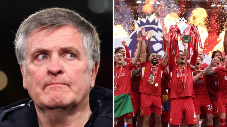 Jan Molby (left) reacts after Liverpool FC v Paris Saint-Germain - UEFA Champions League 2024/25 Round of 16 Second Leg game, Liverpool (right) lif...