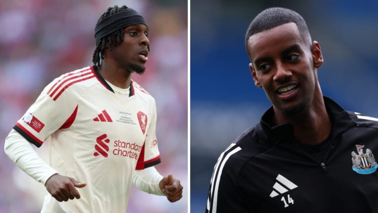 Left: Jeremie Frimpong pictured playing for Liverpool. Right: Alexander Isak pictured playing for Newcastle.