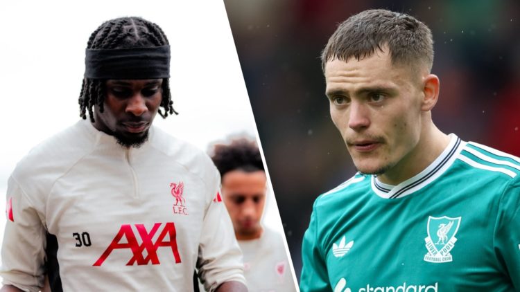 Jeremie Frimpong pictured during a training session with Liverpool at the AXA Training Centre. Florian Wirtz in action for Liverpool during their P...