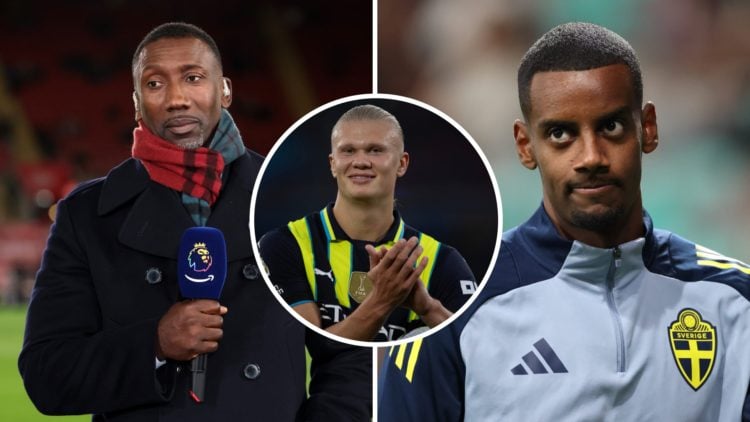 Jimmy Floyd Hasselbaink (left) covers Chelsea game, Erling Haaland (middle) applauds fans, Alexander Isak (right) lines up for Sweden