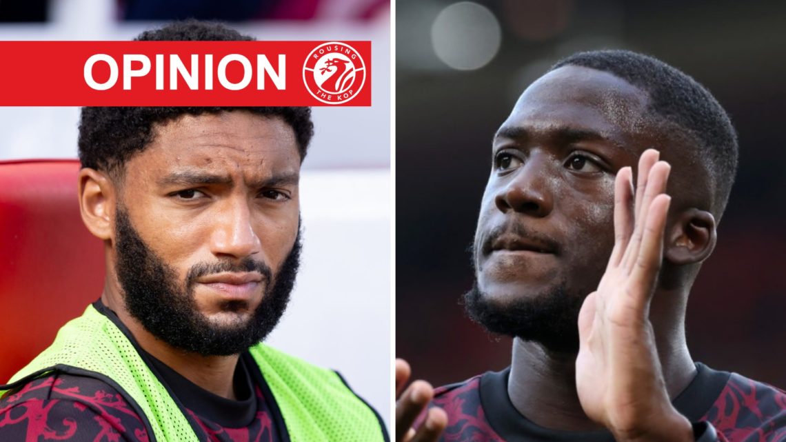 Joe Gomez watches on from the bench before Liverpool's Premier League match against Arsenal at Anfield. Ibrahima Konate applauds fans ahead of Live...