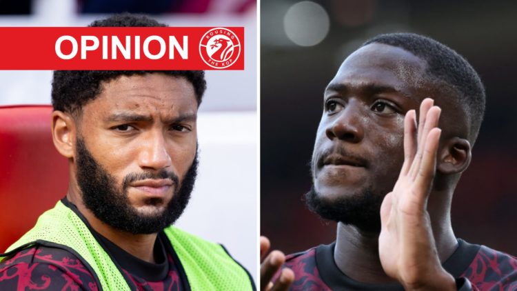 Joe Gomez watches on from the bench before Liverpool's Premier League match against Arsenal at Anfield. Ibrahima Konate applauds fans ahead of Live...