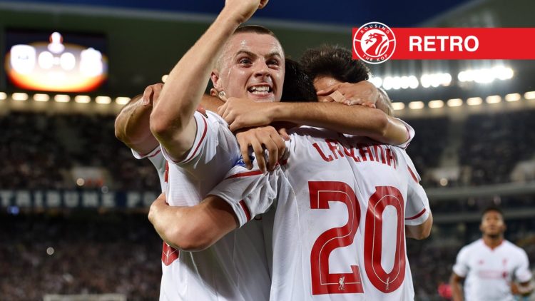 Jordan Rossiter of Liverpool celebrates after Adam Lallana scores the opening goal during the UEFA Europa League match between FC Girondins de Bord...