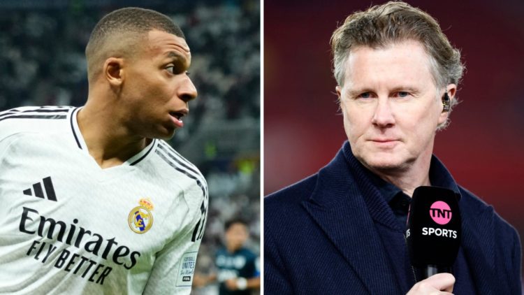 Left: Kylian Mbappe celebrating after scoring a goal for Real Madrid. Right: Steve McManaman presenting a Champions League game for TNT Sports.