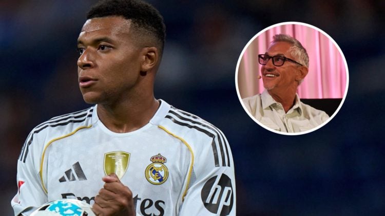 Kylian Mbappe holds the ball while playing for Real Madrid against RCD Mallorca in La Liga. Gary Lineker smiles on stage during the Spotify Supper ...