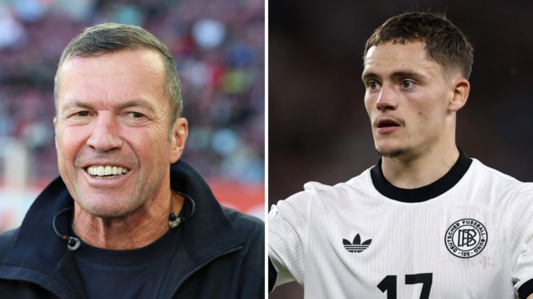 Left: Lothar Matthäus looks on prior to a Bundesliga match. Right: Florian Wirtz pictured in action for Germany.