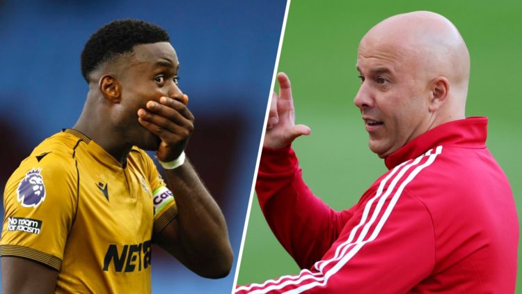 Left: Marc Guehi shows his surprise at scoring a goal for Crystal Palace. Right: Arne Slot giving Liverpool instructions from the touchline.