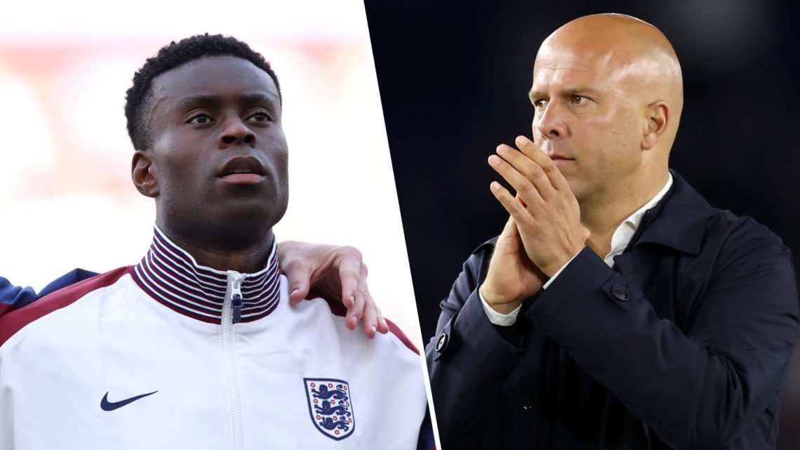 Left: Marc Guehi pictured lining up for England during a World Cup qualifier. Right: Arne Slot clapping his Liverpool team on from the sidelines.