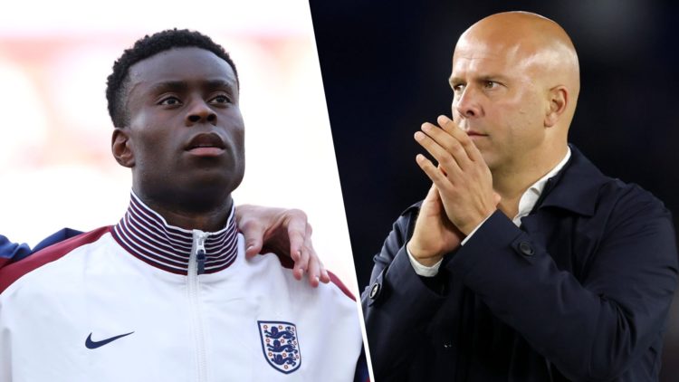 Left: Marc Guehi pictured lining up for England during a World Cup qualifier. Right: Arne Slot clapping his Liverpool team on from the sidelines.