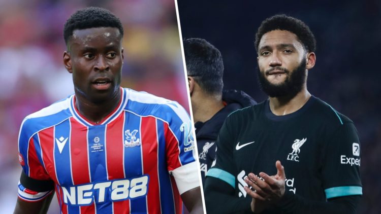 Left: Marc Guehi caught in action for Crystal Palace. Right: Joe Gomez playing for Liverpool in the Champions League.