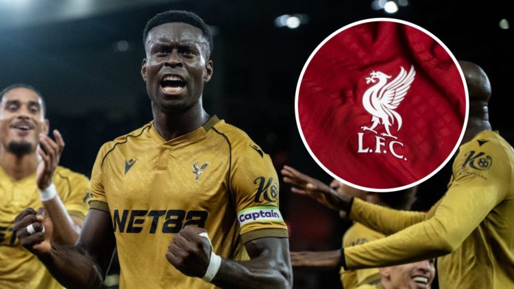 Marc Guehi (left) celebrates goal for Crystal Palace, Liverpool badge (right)