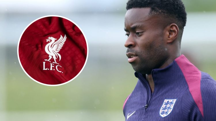Marc Guehi trains with the England national team during a session at St George's Park. Close-up of the Liverpool badge as seen on the 2022/23 home ...