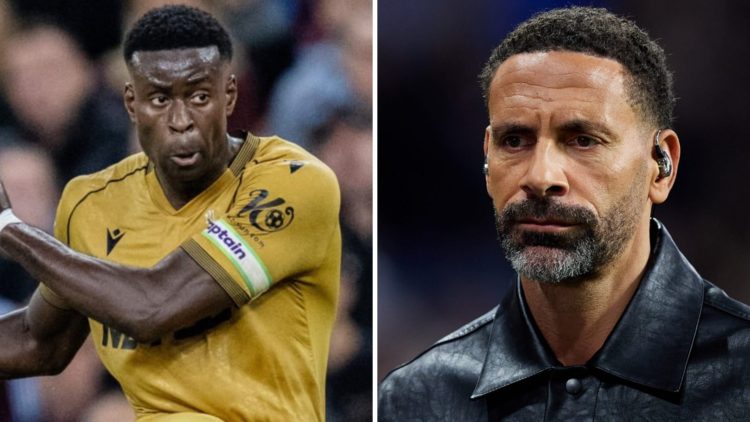 Left: Marc Guehi pictured scoring a screamer for Crystal Palace. Right: Rio Ferdinand presenting a Champions League game for TNT Sports.