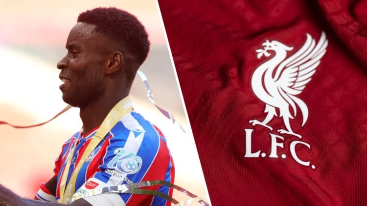 Marc Guehi holds the Community Shield after winning with Crystal Palace at Wembley Stadium. Close-up of Liverpool badge on 22/23 home shirt.