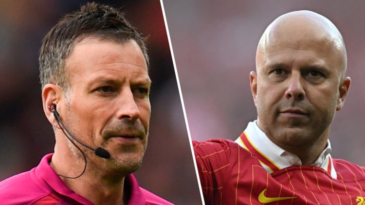 Left: Mark Clattenburg refereeing a Premier League game. Right: Arne Slot putting his thumb up towards the Liverpool fans.