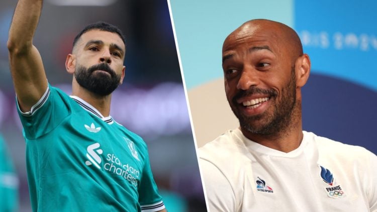 Left: Mohamed Salah celebrating the penalty he scored v Burnley. Right: Thierry Henry smiling ahead of the Paris Olympics.