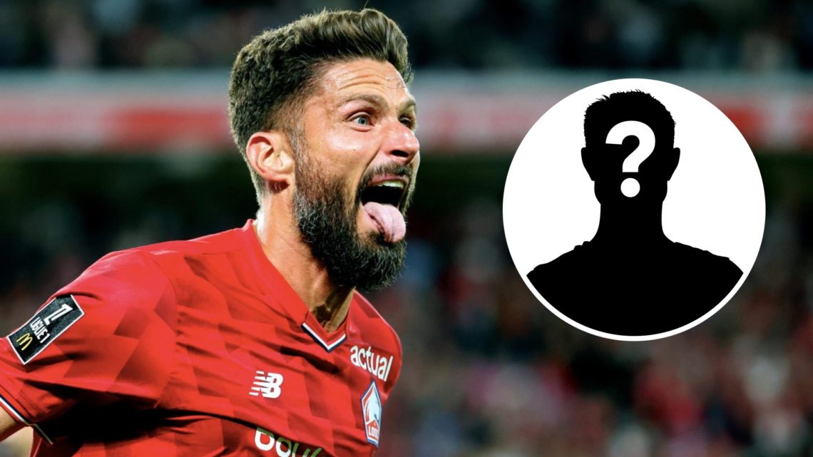 Olivier Giroud (left) celebrates goal for Lille, Mystery Silhouette (right)