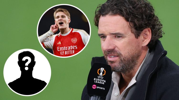 Main: Owen Hargreaves presenting a Europa League clash for TNT Sports. Insert 1: Martin Odegaard celebrating after scoring for Arsenal. Insert 2: M...