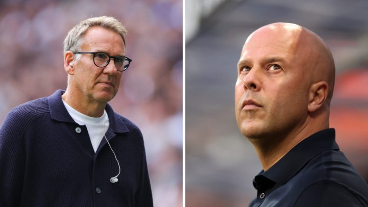 Left: Paul Merson pictured during his presenting duties for Sky Sports. Right: Arne Slot looking towards his Liverpool bench while on the touchline.