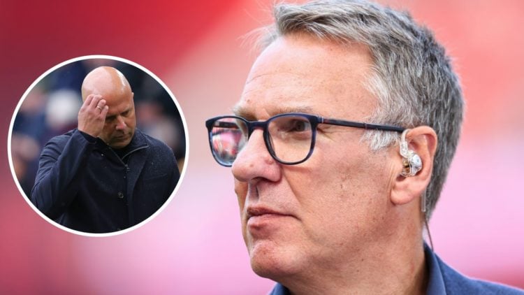Main: Paul Merson pictured during his punditry duties for Sky Sports. Insert: Arne Slot with his hand over his head.