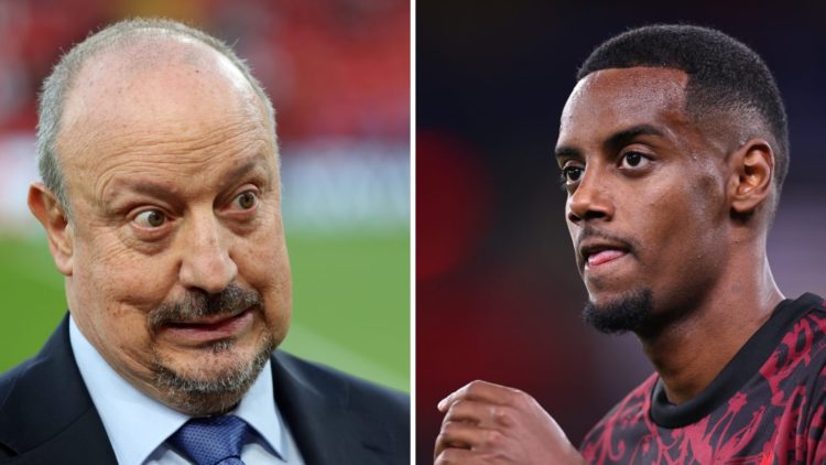 Left: Rafa Benitez pulling a face on the Liverpool touchline ahead of their game against Atletico Madrid. Right: Alexander Isak warming up for Live...